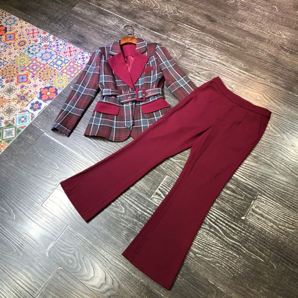 

21 new european and american fashion socialite temperament in early spring waistline thin plaid stitching suit jacket + pantsuit, White