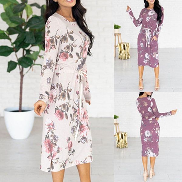 

spring summer casual printing long-sleeved round neck waist pocket hedging women's dress dresses, Black;gray