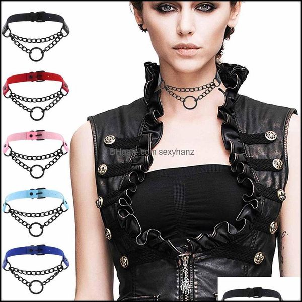 

chokers necklaces & pendants jewelrypersonality dark punk leather ring collar necklace street s black strap neck clavicle chain drop deliver, Golden;silver