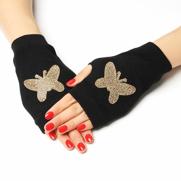 

five fingers gloves lady rhinestone fingerless rose animals printed women men winter warm knitted wool half finger computer mittens, Blue;gray