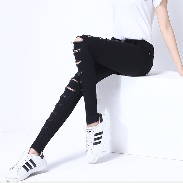 

women's jeans 2021 summer black white ripped women spring and autumn fashion casual plus size feet hole denim trousers, Blue
