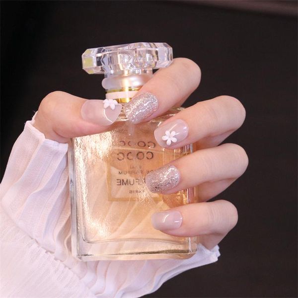 

false nails 24pcs set 3d flower rhinestone glitter crystal light gray short square press on fake sxy-37, Red;gold