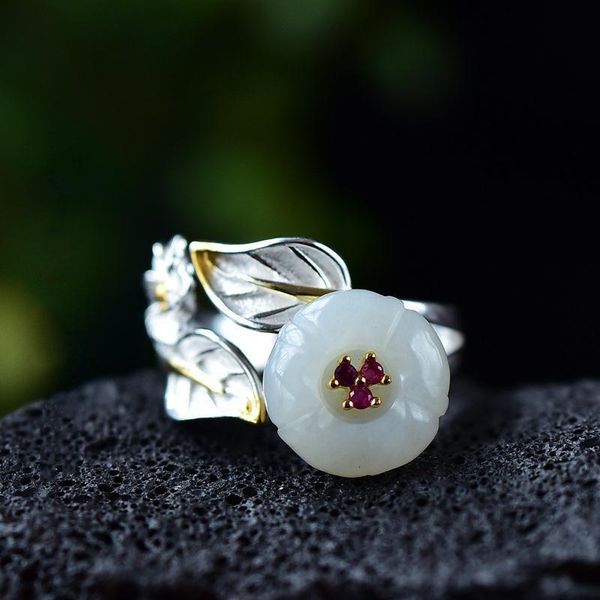 

silver inlay natural hetian jade plum plant chinese retro style diamond niche design charm opening adjustable ring cluster rings, Golden;silver