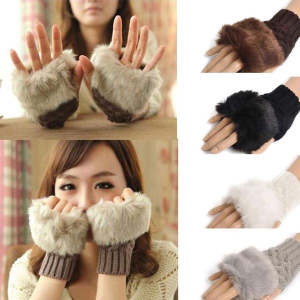 Guanti senza dita da donna, elegante, caldo, invernale, da donna, in finta lana, lavorato a maglia all'uncinetto, scaldapolsi