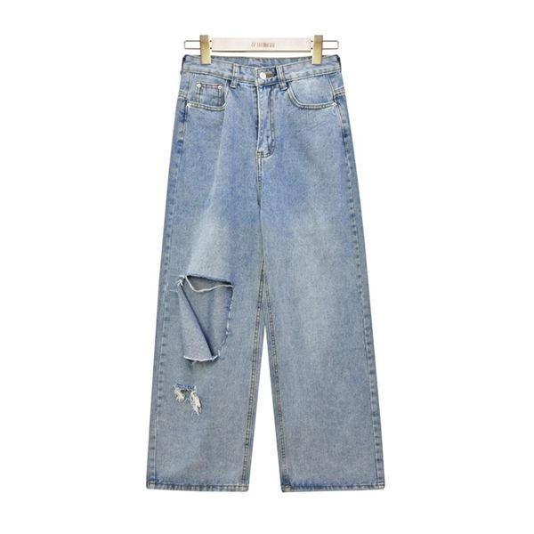 

woman high waist ripped jeans big size 2021 clothes wide leg denim hole blue streetwear fashion vintage loose pants kz169