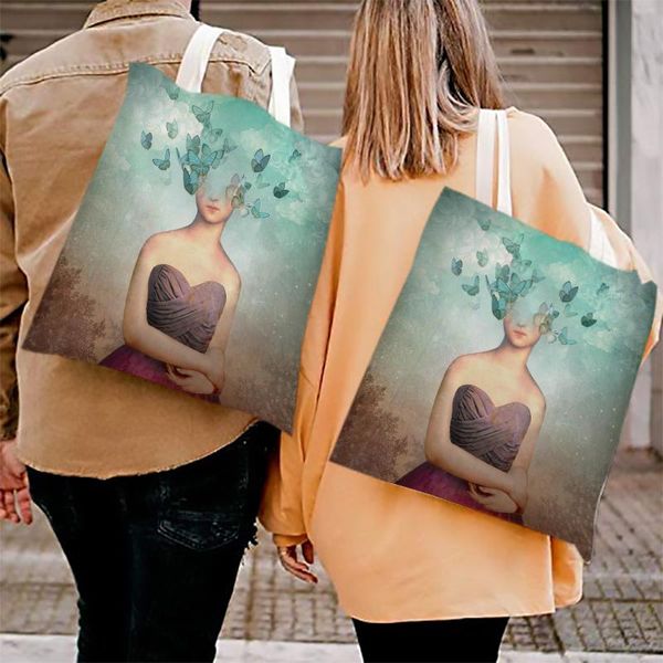 

storage bags trend shoulder canvas large capacity bag female shopping green girl portraitg reusable vogue women handba