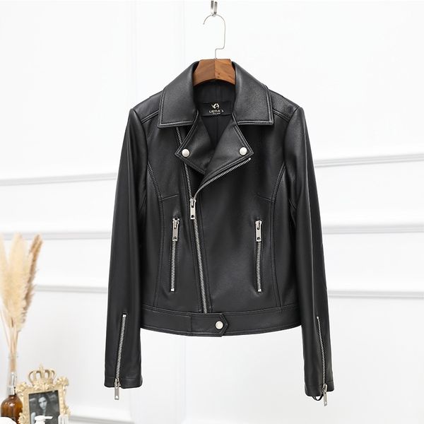 

autumn 2021 sheepskin leather women's jacket slim fit korean street motorcycle short coat, Black