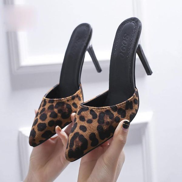 

leopard sandals women thin heels summer pointed toe multi colors ladies wedge shoes sandales femme 2021 dress, Black