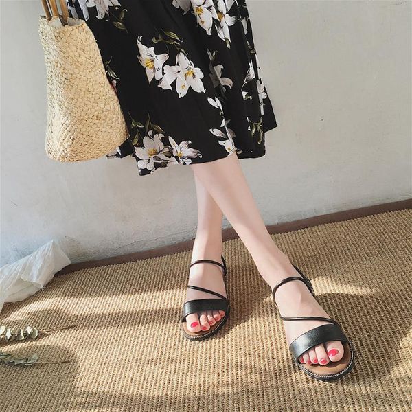 

fashionopen toe flat bottom summer outdoor korean sandals shoes women plaj sandalet bayan#a25, Black