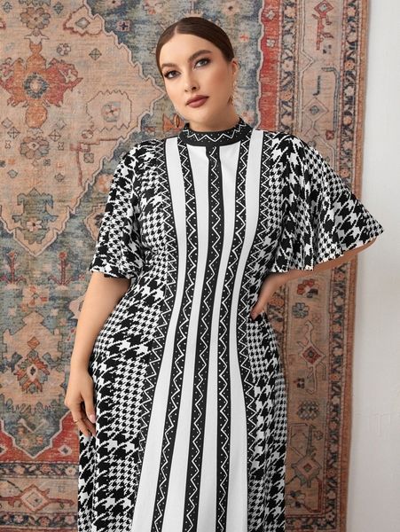 

plus houndstooth & chevron print butterfly sleeve dress 55rx#, Black