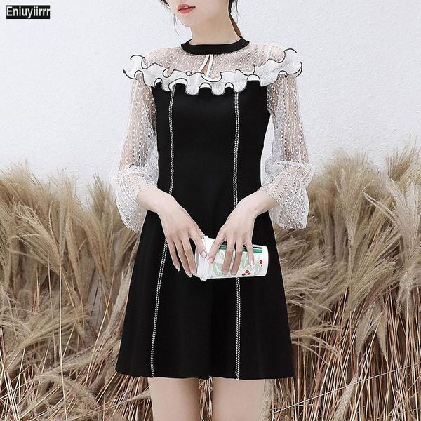 

casual dresses women autumn high waist three quarter flared ladies party black stand collar dot sheer lace glamorous overlay dress, Black;gray