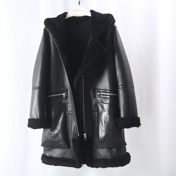 

women's fur & faux real natural sheepskin coat icelandic lamb and all-in-one mid-length with hood young, Black