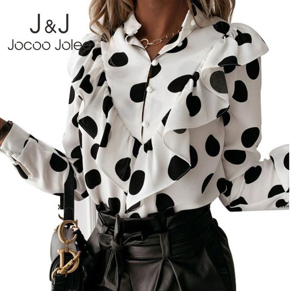 

women elegant leopard dot loose shirt casual long sleeve ruffles blouse office lady v-neck button vintage harajuku tunic 210518, White