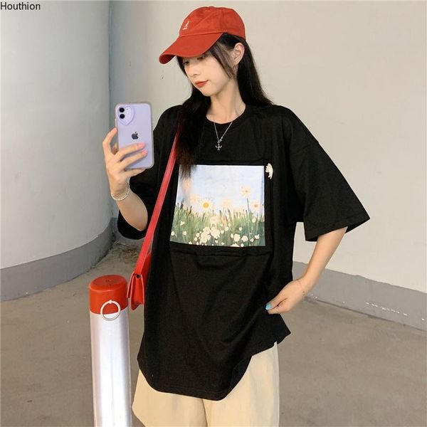 

women's t-shirt cotton loose plus size women casual fashion t-shirts short sleeve summer tshirt flower patch o-neck t shirt houthion, White