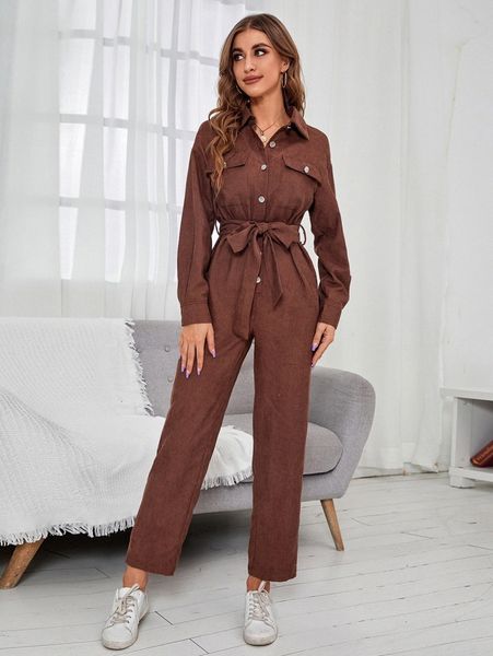 

flap pocket drop shoulder belted corduroy shirt jumpsuit x8ma#, White