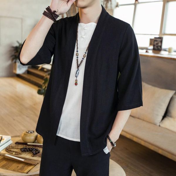 

men's casual shirts summer cotton linen kimono shirt men vintage loose plus size 5xl v-neck cardigan traditional chinese hip hop, White;black
