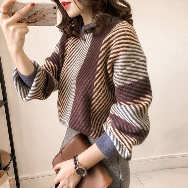 

short striped loose round neck autumn and winter 2021 new sweater female pullover korean student coat, White;black