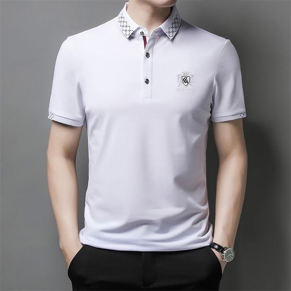 

browon summer t shirt for men embroidery short sleeve soft breath fit turn-down smart casual work clothing 210721, White;black
