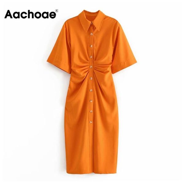 

casual dresses aachoae women chic fashion button-up draped midi shirt dress vintage short sleeve side zipper female tunic vestidos, Black;gray