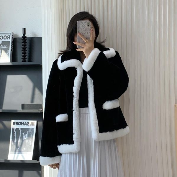 

women's fur & faux 2021 winter rex coat women simple black and white whole skin jacket fashion female overcoat