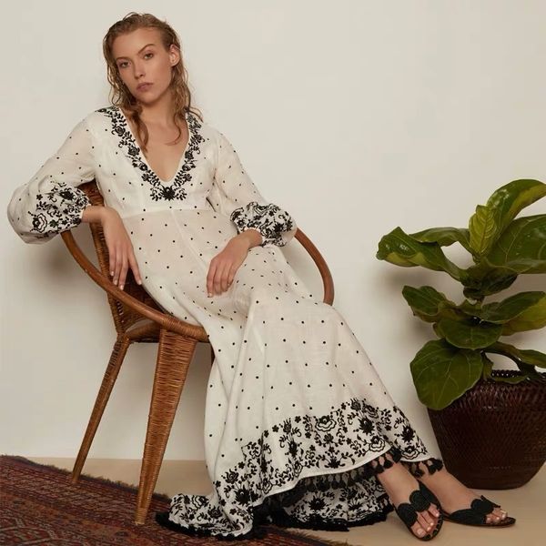 

a line v neck white runway autumn new arrival women's dresses puff sleeve v-neck floral embroidery long dress, Black;gray