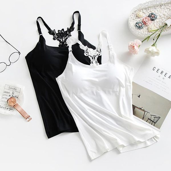 

camisoles & tanks sp&city back lace bra tank ice silk summer thin women soft lingerie with chest pad breatheable seamless top, Black;white