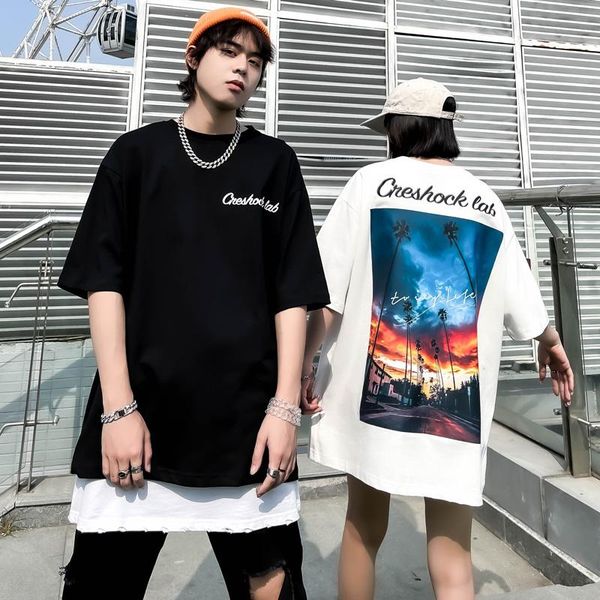 

european american style hip-hop short-sleeved t-shirt for men women oversized cotton clothes streetwear trendy design men's t-shirts, White;black