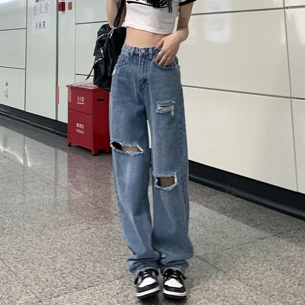 

women's jeans high waist slim hole wide leg pants 2021 summer thin loose straight ripped boyfriend for women, Blue