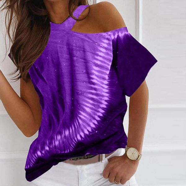 

women's t-shirt fashion tie-dyed print loose off shoulder casual short sleeve summer de verano, White