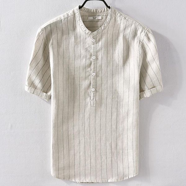 

100% linen brand shirts men summer stand collar breathable shirt for short sleeve mens casual fashion camisa camiseta men's, White;black