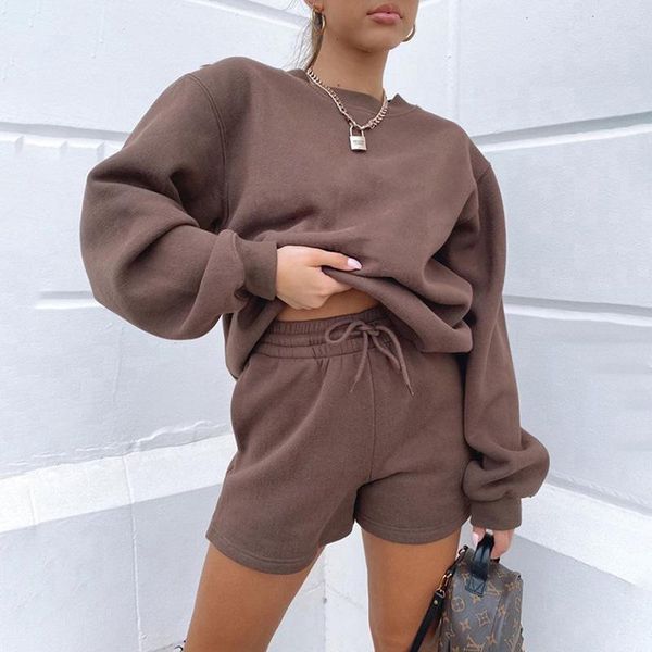 

women's tracksuits spring and autumn women two piece solid color long sleeve loose fashion casual spandex shorts sweater set, Gray