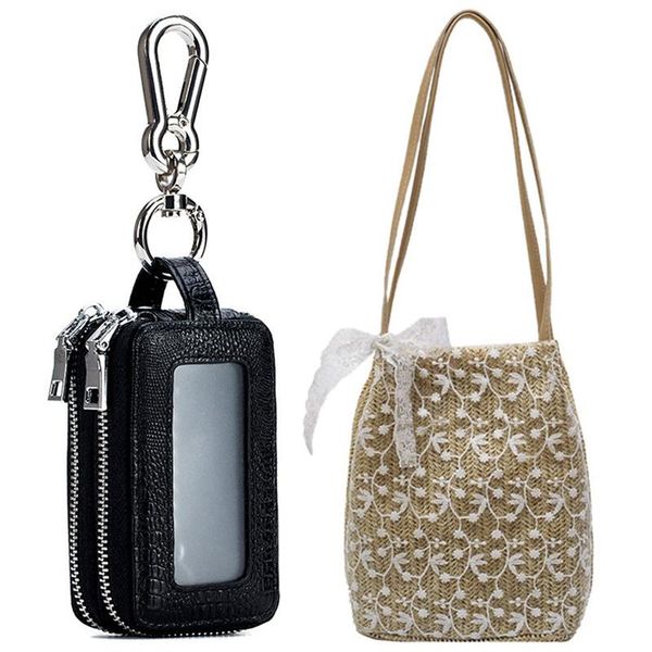 

evening bags leather crocodile pattern key ring car wallet with lace straw woven women's shoulder bag khaki