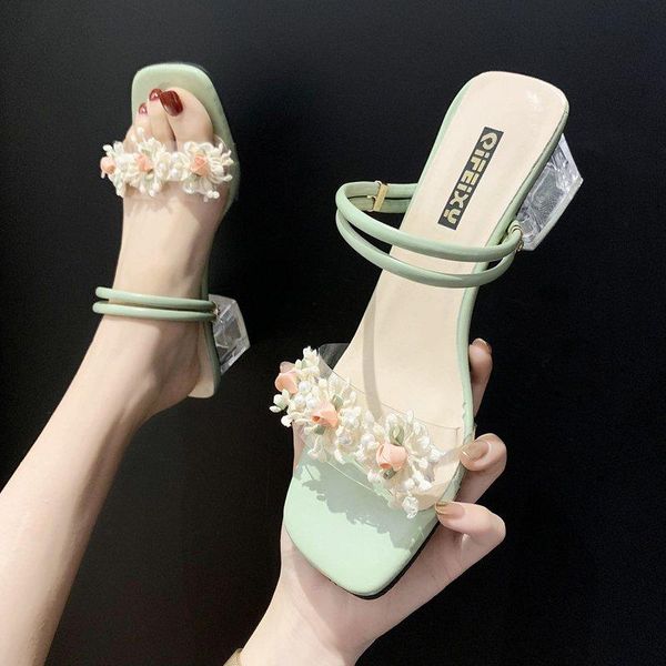 

2021two ways fairy pearl flower clear band women sandals thick transparent high heels shoes slipper rose slip on sandalias, Black