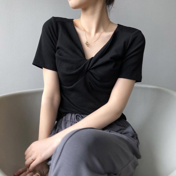

women's t-shirt women summer shirt korean female v-neck short-sleeved t design sense of pure color folds slim top, White