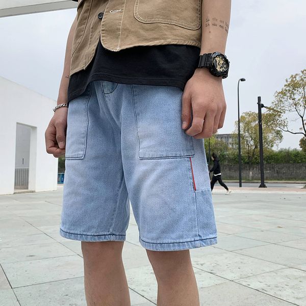 

men's jeans wholesale denim shorts men's summer washing teenagers casual korean loose straight stitching light wash short jeans q, Blue