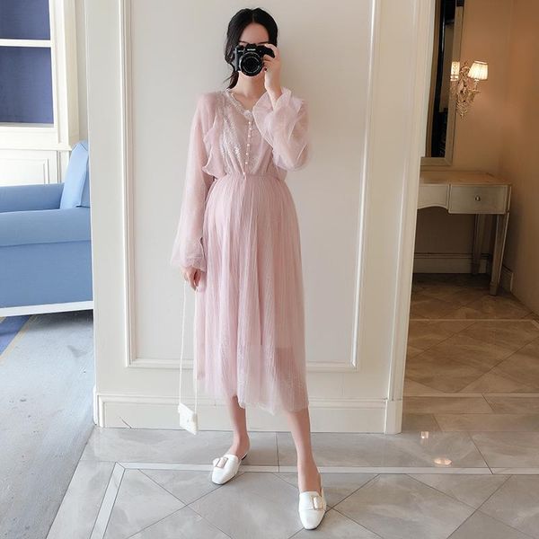 

maternity dresses 801# clothes lace gauze patchwork 2pcs dress set for pregnant women suit, White