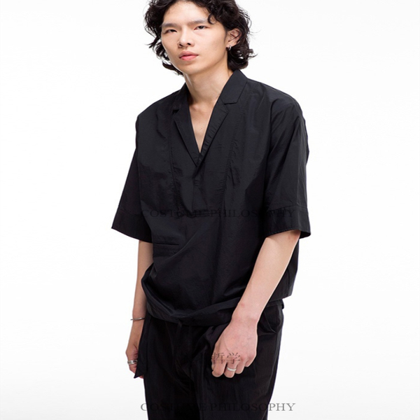 

men's casual shirts the summer lapel big v-neck short sleeve shirt simple loose black half turtleneck invisible pocket, White;black