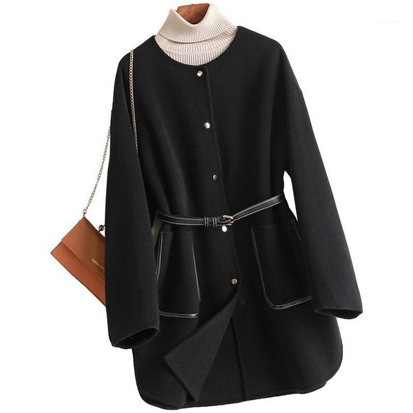 

women's fur & faux genuine blended wool coat with belt winter women warm outerwear suit lf21029kqn, Black