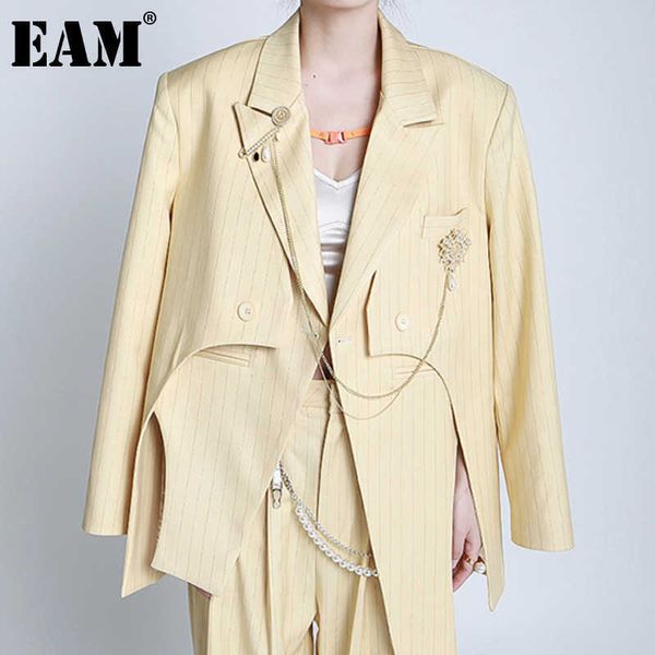 

[eam] women big size stripe irregular blazer lapel long sleeve loose fit jacket fashion spring autumn 1dd6005 210930, White;black