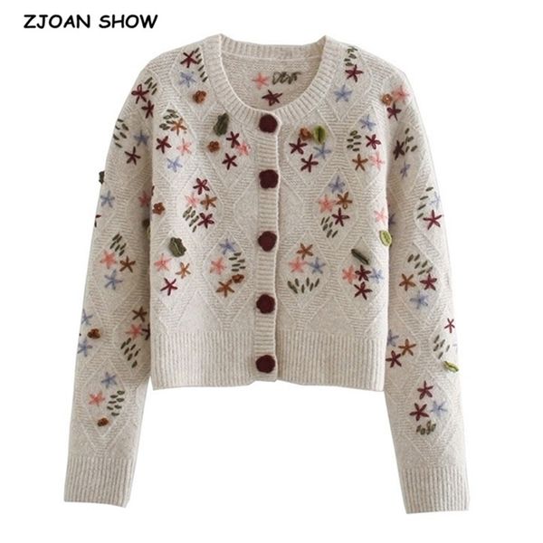 Winter Französisch 3D Häkelblumen Strickjacke Kawaii Retro Pullover Mantel Mittelknöpfe Frau Langarm Kurzpullover 210429