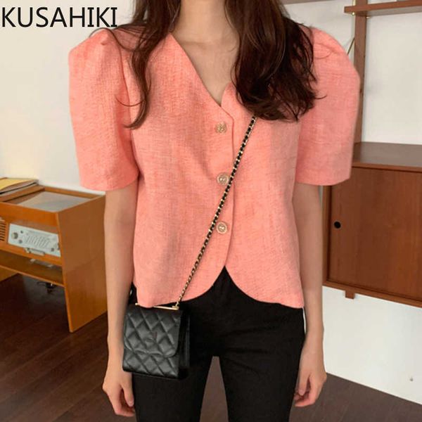 

kusahiki summer thin woman coat puff sleeve single breasted v-neck blouse jacket korean solid fashion outerwear 6j273 210602, Black;brown