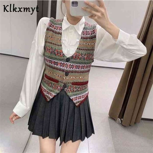 

klkxmyt za women fashion flower button print knitted vest sweater vintage sleeveless v neck female waistcoat chic, Black;white