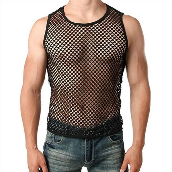 

mens mesh sheer men fishnet tank summer hollow gym training vest male muscle slim fit tanks, White;black