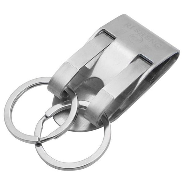 

keychains luxury 304 stainless steel men belt car keychain double hook waist hanging key ring holder buckle fathers day gift, Silver