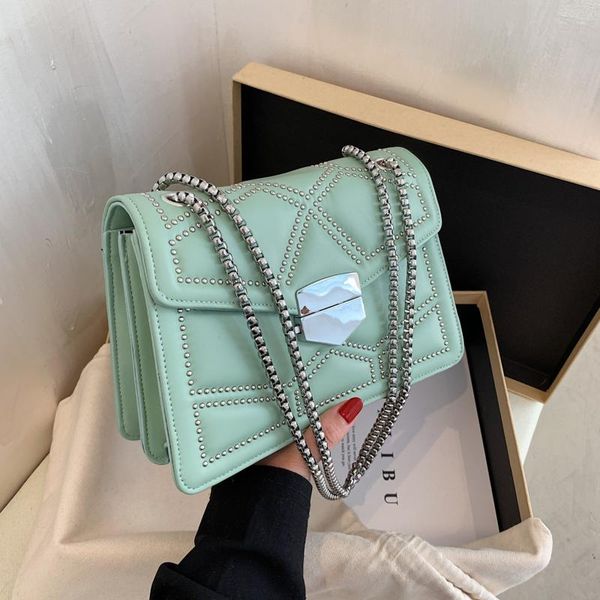 

evening bags small pu leather green crossbody for women 2021 rivets shoulder messenger bag female travel handbags chain purses bolsos
