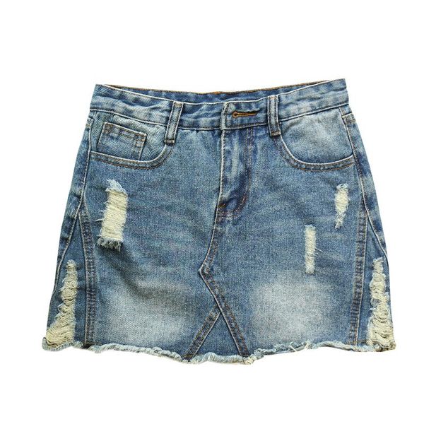 

skirts 2021 summer jeans skirt women mid waist ripped holes denim female mini saia washed faldas casual a-line, Black