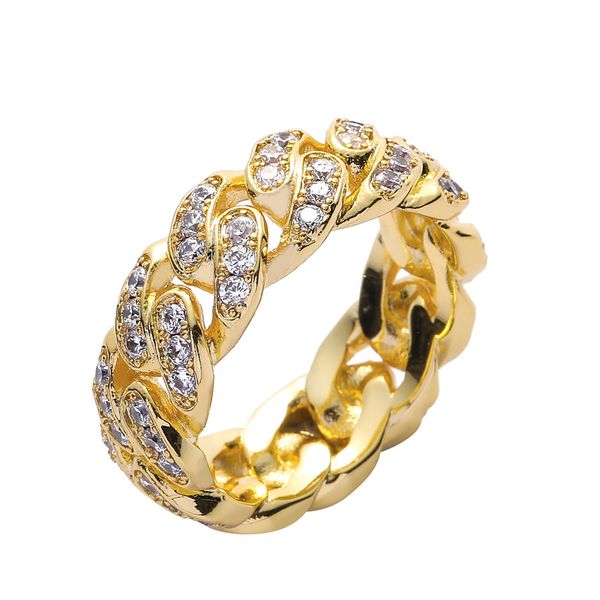 

hand-inlaid zircon cuba chain ring 8 mm full set for men europe and the united states hip-hop, Golden;silver