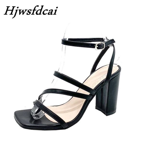 

dress shoes hjwsfdcai 2021 designer brand women's summer square toe open sandals ankle strap buckle high heel party, Black