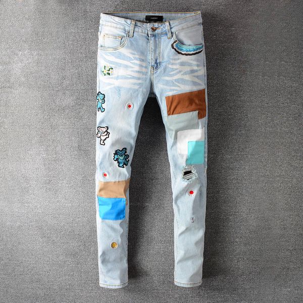 

2021 men designer jeans hip hop mens jean casual male skinny motorcycle euramerican style stripe pattern denim pants, Blue