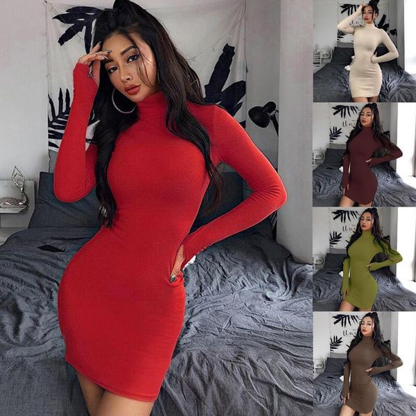 

women autumn solid color turtleneck long sleeve bodycon mini dress clubwear casual dresses, Black;gray